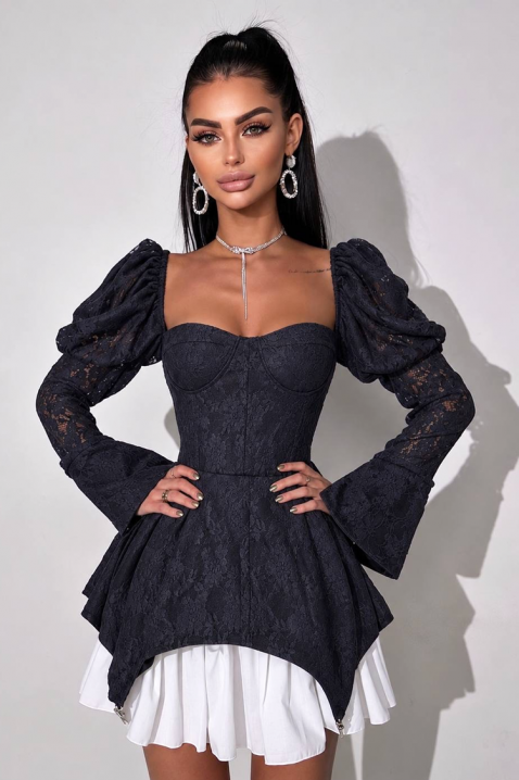 Rochie mini cu efect de corset și mâneci bufante GESIELA BLACK, Culoare: negru, IVET.RO - Reduceri de până la -80%