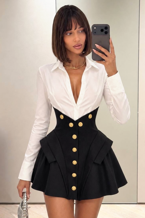 Rochie mini elegantă tip cămașă cu efect de corset MALEMINA, Culoare: negru și alb, IVET.RO - Reduceri de până la -80%