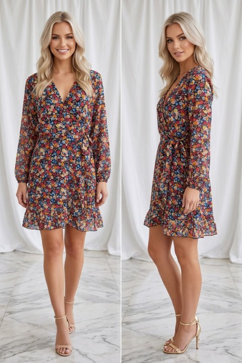 Rochie scurtă romantică cu imprimeu floral delicat și mâneci lungi FLORELITA BLACK, Culoare: multicolor, IVET.RO - Reduceri de până la -80%