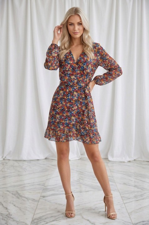 Rochie scurtă romantică cu imprimeu floral delicat și mâneci lungi FLORELITA BLACK, Culoare: multicolor, IVET.RO - Reduceri de până la -80%