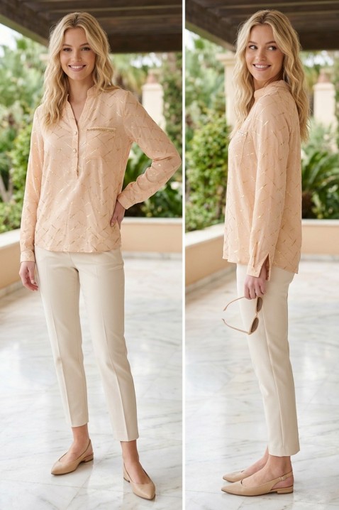 Bluză elegantă de damă cu mâneci lungi și model decorativ BELANISIA BEIGE, Culoare: bej, IVET.RO - Reduceri de până la -80%