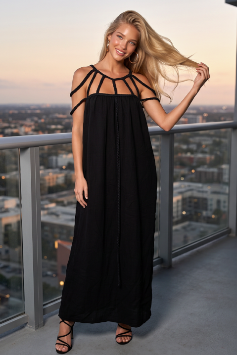 Rochie lungă diafană cu decolteu spectaculos din bretele împletite CHIRONA BLACK, Culoare: negru, IVET.RO - Reduceri de până la -80%