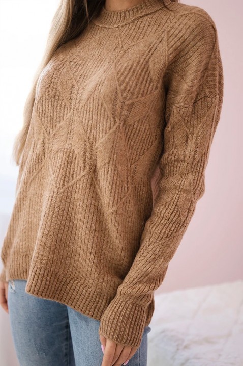 Pulover din lână pentru femei cu tricotaj accentuat LEANETA CAMEL, Culoare: maro deschis    , IVET.RO - Reduceri de până la -80%
