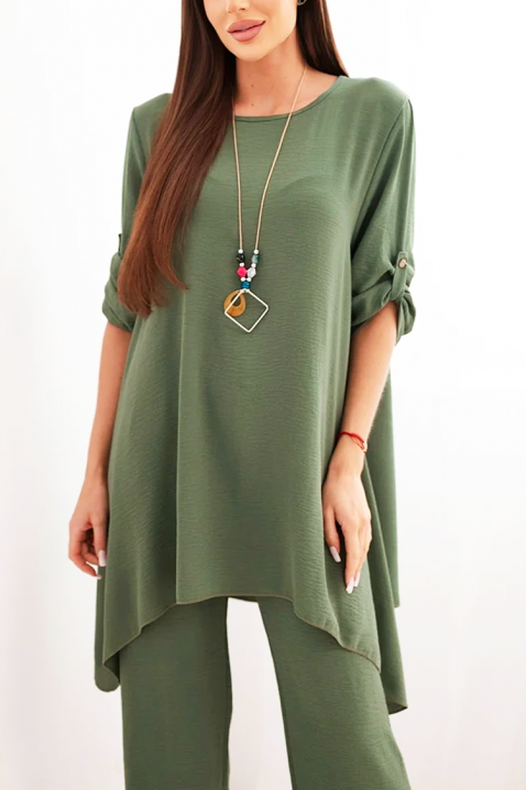 Set damă din două piese cu tunică asimetrică și pantaloni largi GERASINA KHAKI, Culoare: khaki, IVET.RO - Reduceri de până la -80%