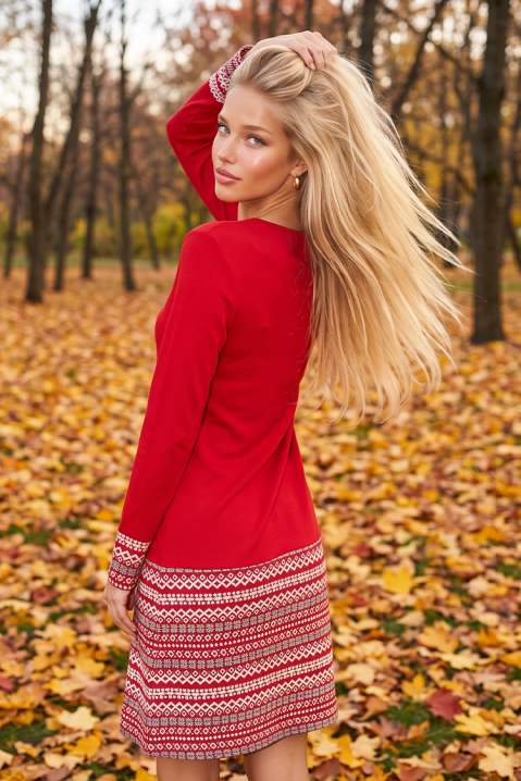 Rochie scurtă cu croială ajustată, mânecă lungă și motive geometrice BLORELGA RED, Culoare: roșu, IVET.RO - Reduceri de până la -80%