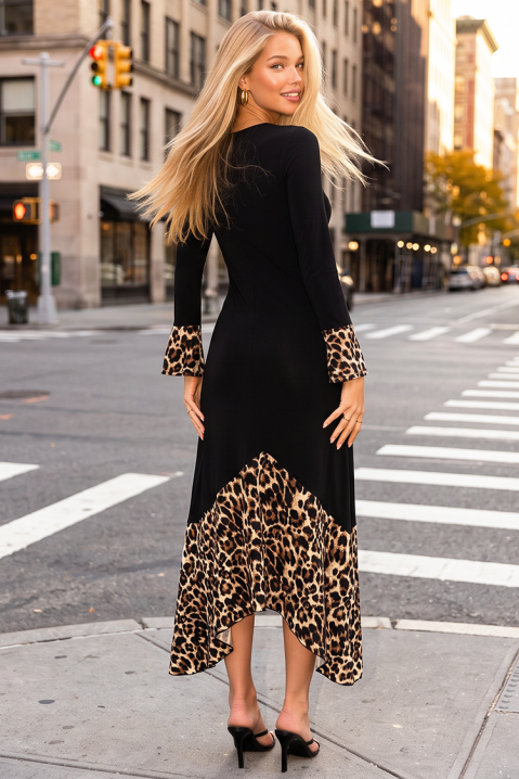 Rochie midi de zi cu accente leopard și tiv asimetric RABEOLFA, Culoare: negru, IVET.RO - Reduceri de până la -80%