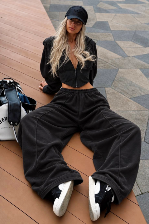 Complet din catifea pentru femei cu jachetă scurtă și pantaloni largi LIMERINA BLACK, Culoare: negru, IVET.RO - Reduceri de până la -80%