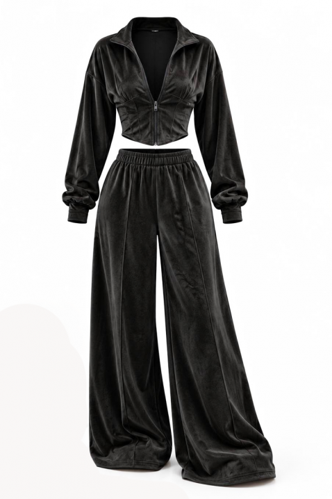 Complet din catifea pentru femei cu jachetă scurtă și pantaloni largi LIMERINA BLACK, Culoare: negru, IVET.RO - Reduceri de până la -80%