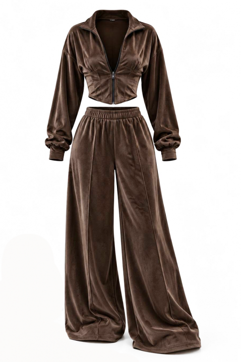 Set de damă din catifea cu jachetă scurtă și pantaloni largi LIMERINA BROWN, Culoare: maro, IVET.RO - Reduceri de până la -80%