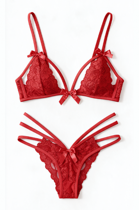 Lenjerie intimă erotică din 2 piese cu sutien din dantelă și tanga cu benzi decorative AFERITA RED, Culoare: roșu, IVET.RO - Reduceri de până la -80%