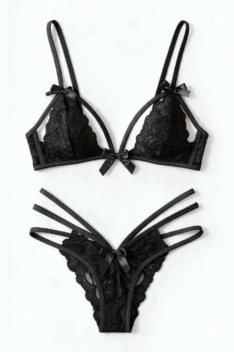 Lenjerie intimă erotică de damă din 2 piese cu sutien din dantelă și tanga cu benzi decorative AFERITA BLACK, Culoare: negru, IVET.RO - Reduceri de până la -80%