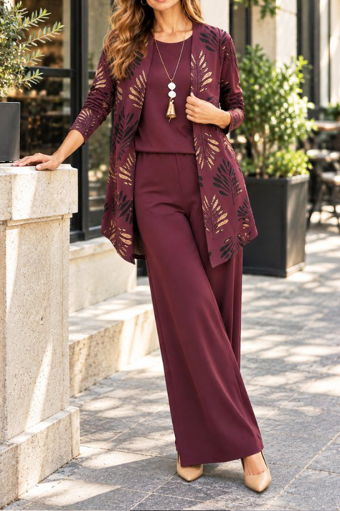 Set damă din 3 piese cu bluză fără mâneci, pantaloni și kimono floral ATENISA BORDO, Culoare: bordo, IVET.RO - Reduceri de până la -80%
