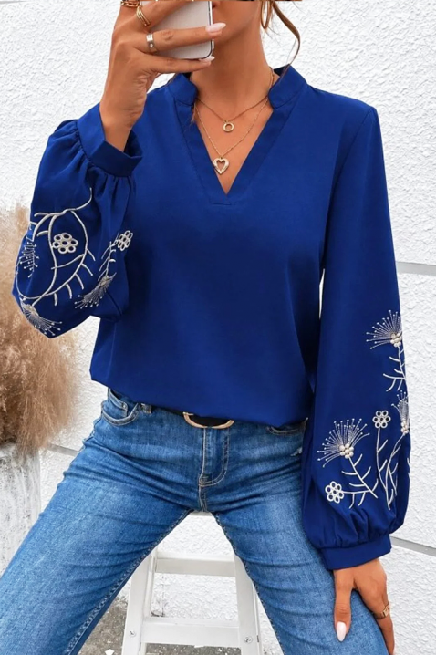 Bluză damă cu decolteu în V și broderie florală pe mâneci KONTISA NAVY, Culoare: bleumarin, IVET.RO - Reduceri de până la -80%