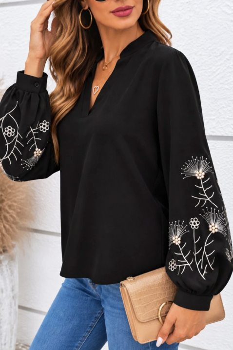 Bluză damă cu decolteu în V și broderie florală pe mâneci KONTISA BLACK, Culoare: negru, IVET.RO - Reduceri de până la -80%