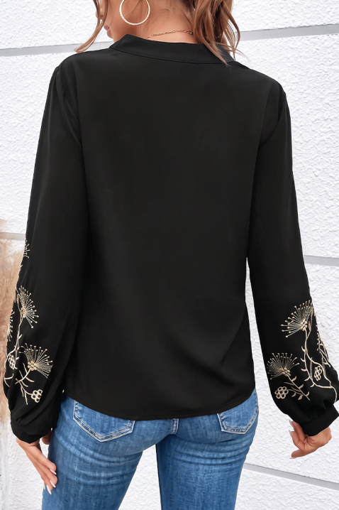 Bluză damă cu decolteu în V și broderie florală pe mâneci KONTISA BLACK, Culoare: negru, IVET.RO - Reduceri de până la -80%
