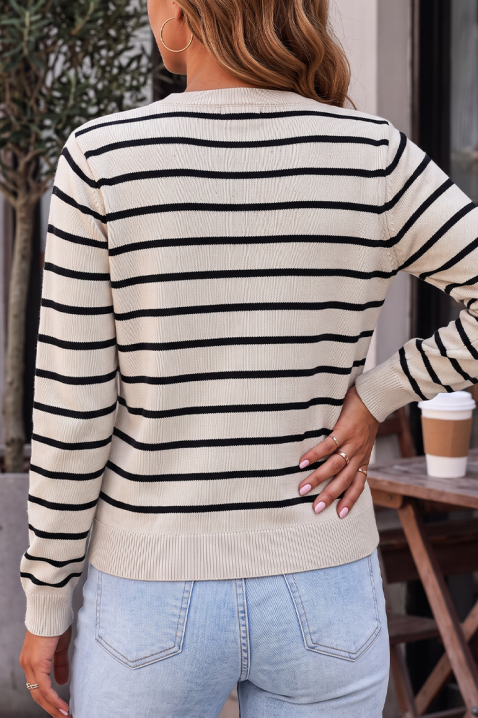Cardigan tricotat pentru femei, în dungi, cu decolteu rotund și nasturi aurii reliefați FESTOLA BEIGE, Culoare: bej, IVET.RO - Reduceri de până la -80%