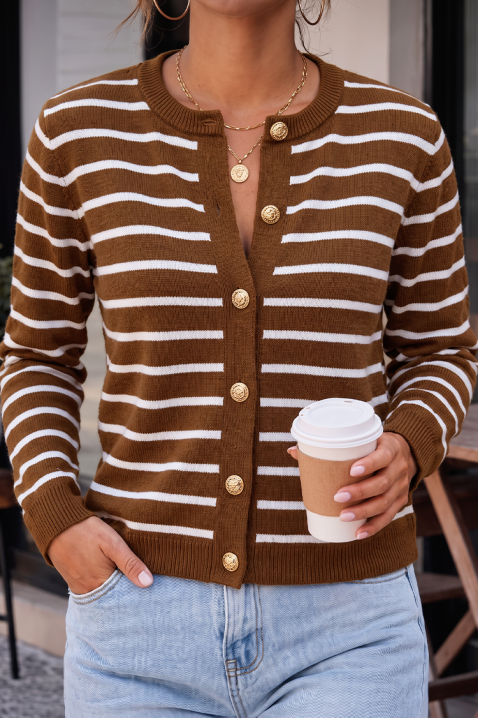 Cardigan tricotat pentru femei, cu dungi, decolteu rotund și nasturi aurii reliefați FESTOLA BROWN, Culoare: maro, IVET.RO - Reduceri de până la -80%