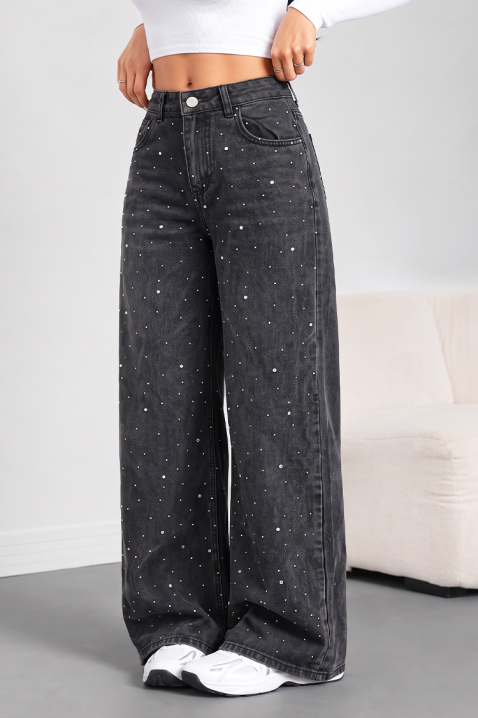 Blugi damă largi cu talie înaltă și pietre decorative GLAMIRA BLACK, Culoare: negru, IVET.RO - Reduceri de până la -80%