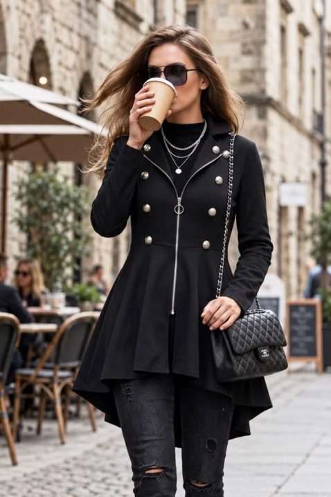 Jachetă elegantă de damă cu nasturi decorativi și peplum asimetric NAREVISA, Culoare: negru, IVET.RO - Reduceri de până la -80%