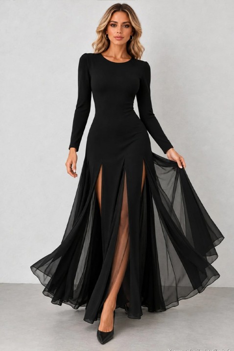Rochie lungă elegantă cu despicături înalte și fustă diafană transparentă VELIZARA BLACK, Culoare: negru, IVET.RO - Reduceri de până la -80%