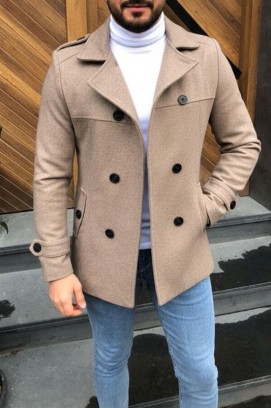 palton bărbătesc elegant cu guler clasic cu revere și închidere dublu rând cu curea TORONTO CAMEL