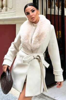 palton elegant tip wrap pentru femei cu guler pufos DOLNEVA ECRU