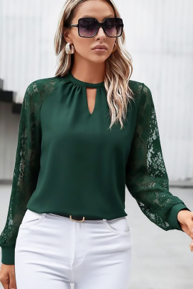 bluză elegantă de damă cu mâneci din dantelă și guler înalt BRENDOLZA GREEN