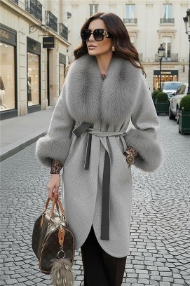 palton lung elegant de damă cu blană ecologică VANGELSA