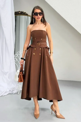 rochie lungă și elegantă, asimetrică, cu efect de corset FLORENTIA BROWN