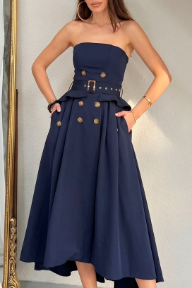 rochie lungă și elegantă, asimetrică, cu efect de corset FLORENTIA NAVY