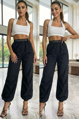 pantaloni sport-eleganți de dama cu talie înaltă și curea elastică SOLVETA BLACK