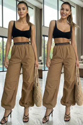 pantaloni sport-eleganți de dama cu talie înaltă și curea elastică SOLVETA BROWN