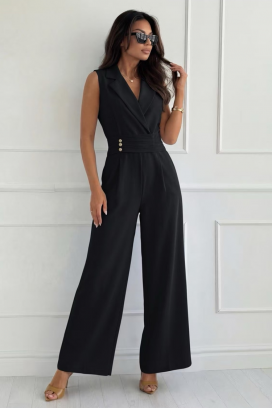 salopetă elegantă cu guler cu rever și nasturi aurii SELESTE BLACK