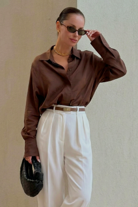 cămașă damă elegantă din satin cu mâneci lungi AYANDA BROWN