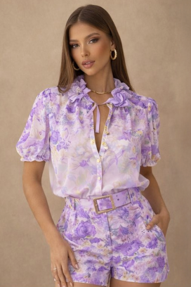 set de damă cu floral print vaporos, format din bluză și pantaloni scurți JULIENA LILA