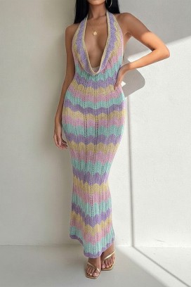 rochie lungă din tricot, cu decolteu adânc și spate decupat LARNITA PINK