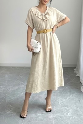 rochie midi vaporoasă , cu volane și guler spectaculos VIREMORA BEIGE