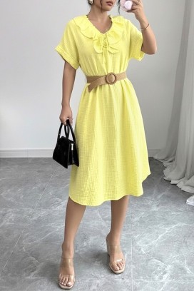 rochie midi vaporoasă , cu volane și guler spectaculos VIREMORA YELLOW