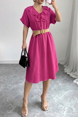 rochie midi vaporoasă , cu volane și guler spectaculos VIREMORA FUCHSIA