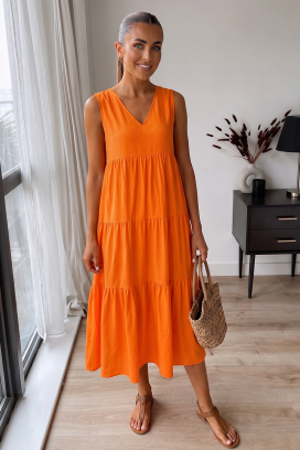 rochie midi de damă vaporoasă pentru vară cu decolteu V VELRINA ORANGE