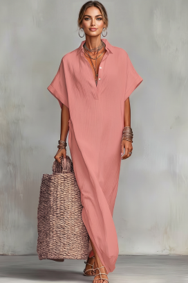 rochie lungă de vară din in cu decolteu V JADANA PINK
