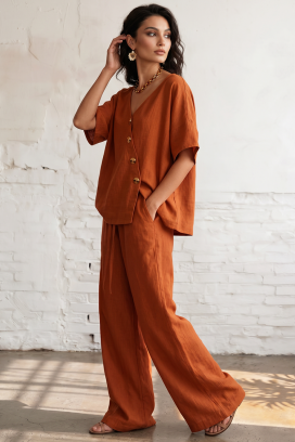 set din in cu top asimetric și pantaloni largi SELENE ORANGE