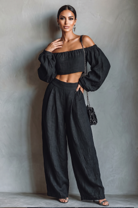 set din in, format dintr-un top cu umeri căzuți și pantaloni largi JEZABEL BLACK