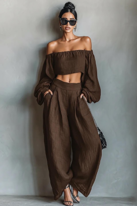set din in, format dintr-un top cu umeri căzuți și pantaloni largi JEZABEL BROWN