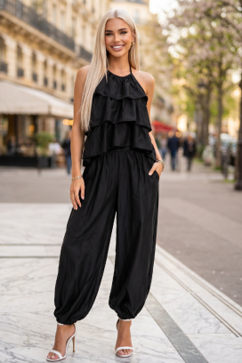 set de damă pentru viata de zi cu zi, format dintr-un top vaporoasă cu volane și pantaloni largi SELERA BLACK