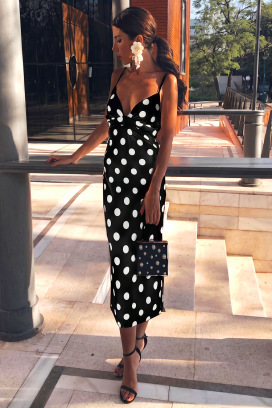 rochie midi cu buline și bretele subțiri EULOGIA BLACK
