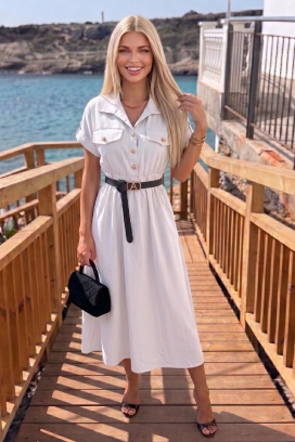 rochie de vară de tip safari, cu nasturi și curea SAFARINA WHITE