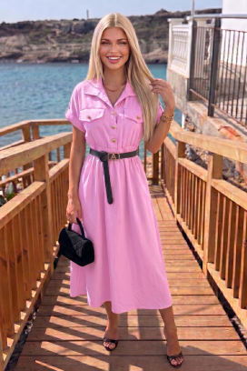 rochie de vară de tip safari, cu nasturi și curea SAFARINA PINK