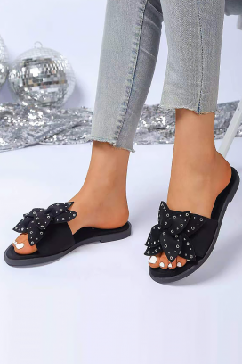 papuci de damă cu panglică decorativă și capse CALRORA BLACK