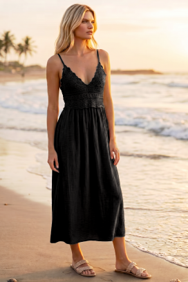 rochie midi de vară în stil boho, cu bustieră tricotată SOLANIA BLACK